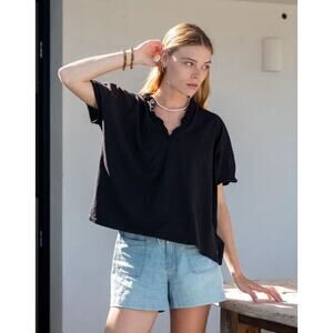 Mersea 100% Cotton V-Neck Relaxed Amelia Ruffle Tee Black Women's One Size NWT